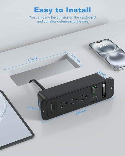 Recessed Power Strip with Retractable USB C Cable, 2 PD 20W USB C, Flush Mount - Image 6