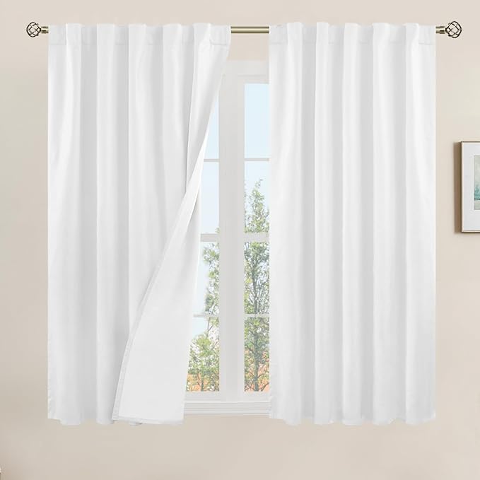 LAMIT 100% Blackout Short Linen Curtains, 48 Inch Length Linen Textured Thermal by LAMIT