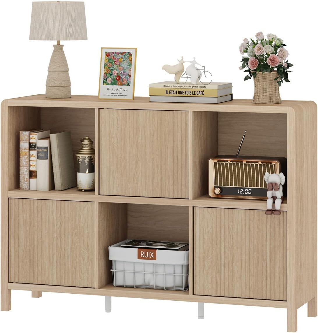 FATORRI 6 Cube Horizontal Bookshelf with 3 Doors, Modern Wood Book Shelf with...