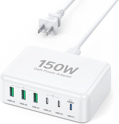 USB C Fast Charger, 150W 6 Port Desktop PD GaN Fast Charger Charging Station by BREEKET