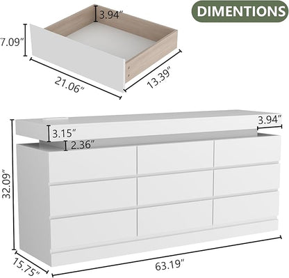 9 Drawer Dresser with Power Outlet, Dresser with LED Light, Modern Chest of - Image 2