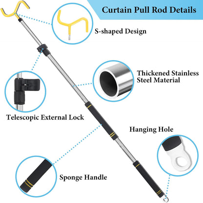 Curtain Pull Wand, Drapery Pull Rod for Curtains Adjustable 3-7.7 Feet Telescopic Extra Long Made of Stainless Steel Material Sponge Handle