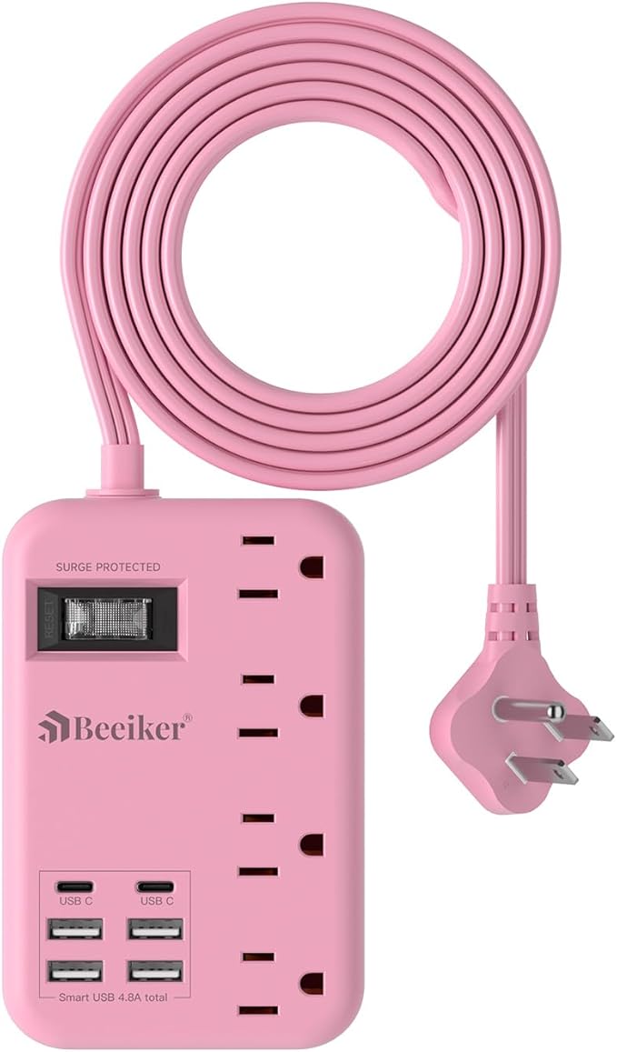 6 USB Pink Extension Cord- 5Ft Travel Power Strip by Beeiker-BetterHelperforYou