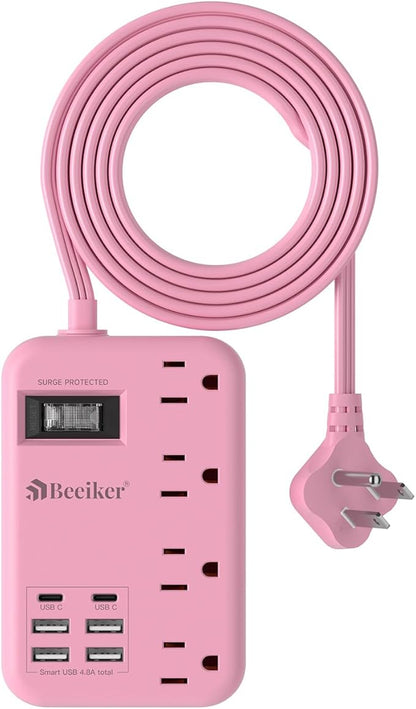 6 USB Pink Extension Cord- 5Ft Travel Power Strip by Beeiker-BetterHelperforYou