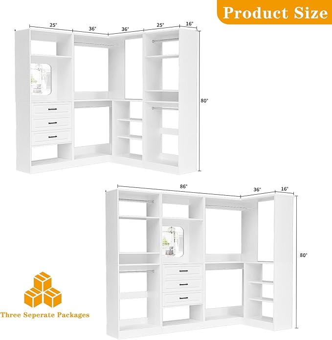 Unikito Closet System with Drawers，86” Modular Corner Closet Organizer System - Image 7