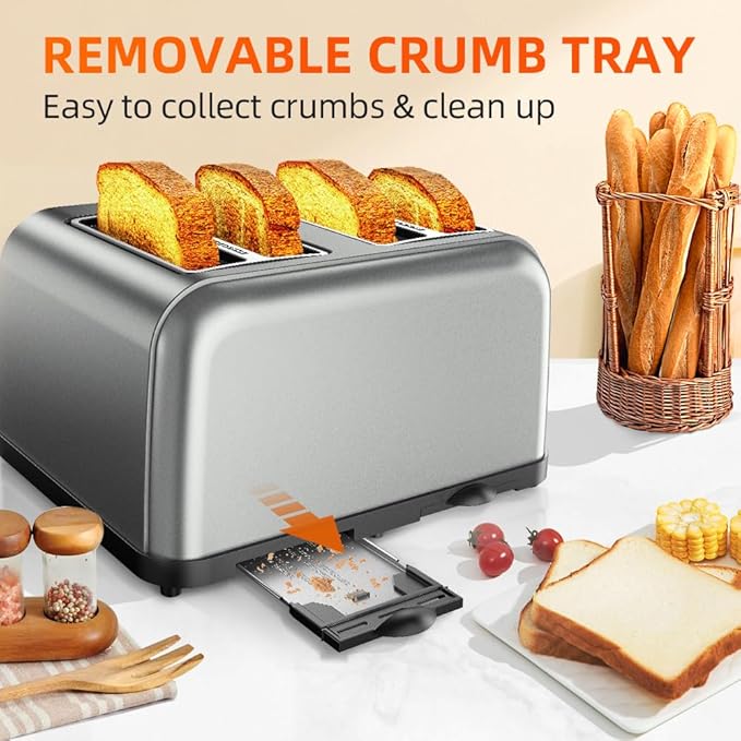 Grey Toaster 4 Slice, Dual Independent Controls, Extra Wide Slot Toasters - Image 7