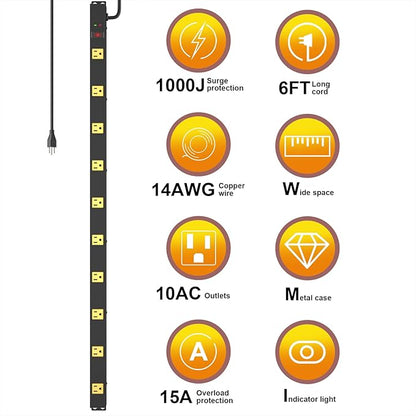 10 Outlet Surge Protector, Long Metal Wide Spaced Garage Industrial Power Strip - Image 2