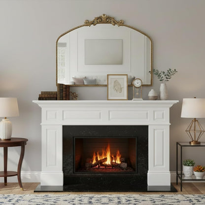 Vintage Gold Baroque Wall Mirror 40"x30", Arched Beaded Frame | Vintage Wide Horizontal Design, Tempered Glass, Ideal for Living Rooms, Entryways, Bathrooms and Above Fireplaces
