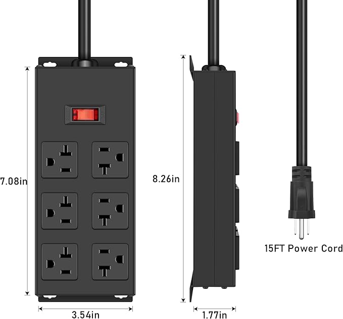 JUNNUJ Heavy Duty 20 Amp Power Strip, Garage 6 Outlets Metal 12 Gauge Surge - Image 2