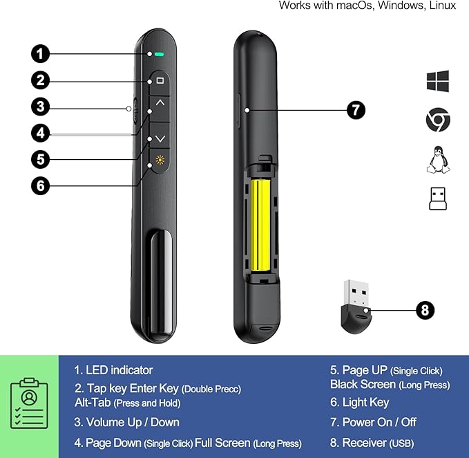 QUI Presentation Clicker for PowerPoint, RF 2.4GHz USB Wireless Presenter Remote - Image 3