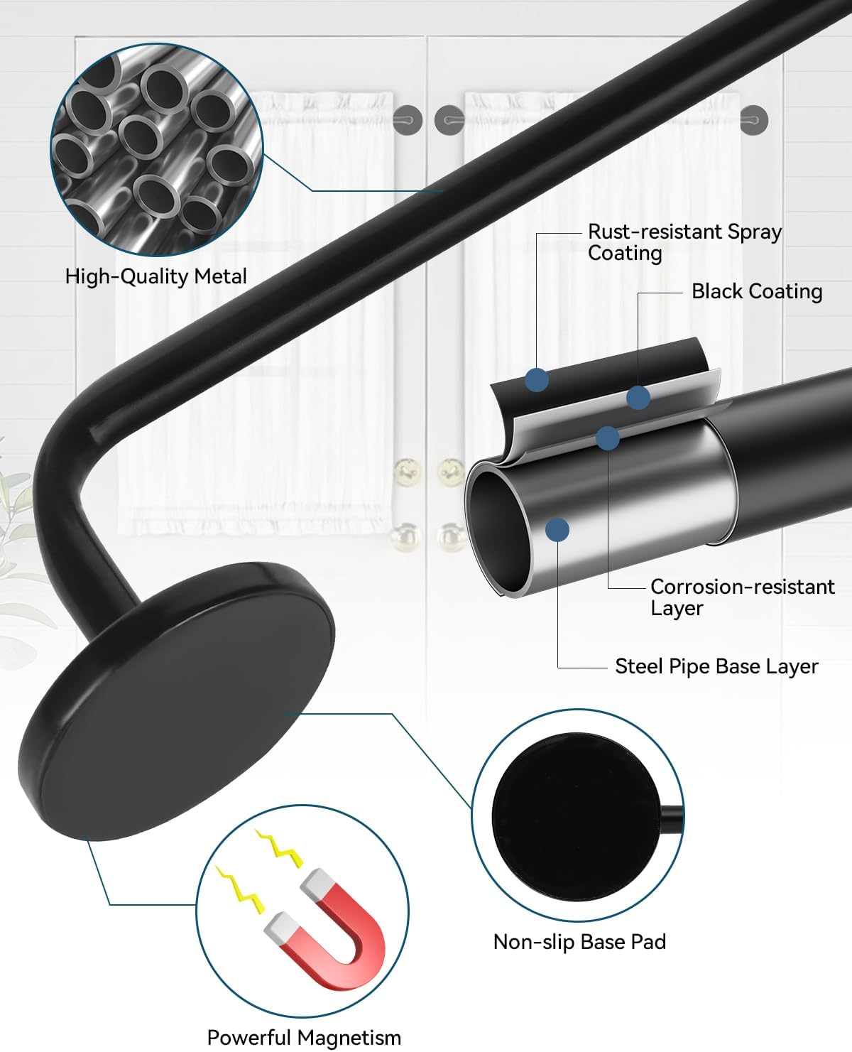 2 Pack Magnetic Curtain Rods for Metal Doors, 17-30in No-Drill Rods, Black | Tool-Free Installation, Strong Magnetic Hold, Stepless Adjustable, Damage-Free Hanging, French Doors, Metal front/back doors