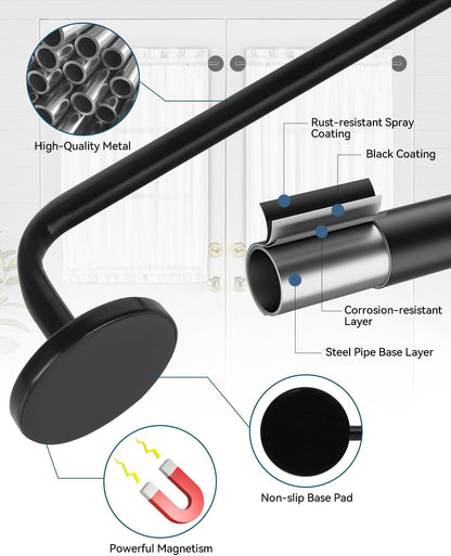 2 Pack Magnetic Curtain Rods for Metal Doors, 17-30in No-Drill Rods, Black | Tool-Free Installation, Strong Magnetic Hold, Stepless Adjustable, Damage-Free Hanging, French Doors, Metal front/back doors