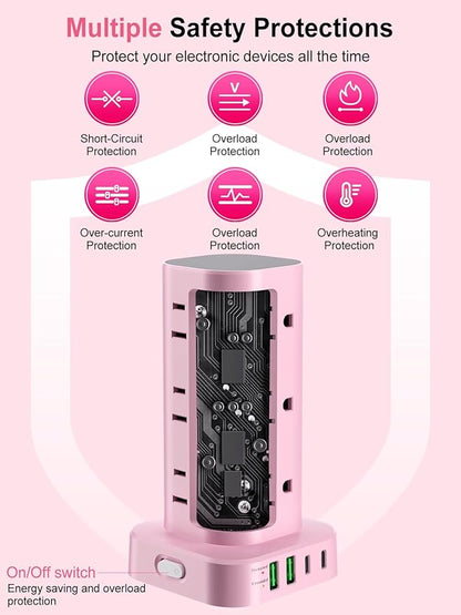 Power Strip Tower with Multiple Outlets, Flat Plug Surge Protector Tower - Image 7