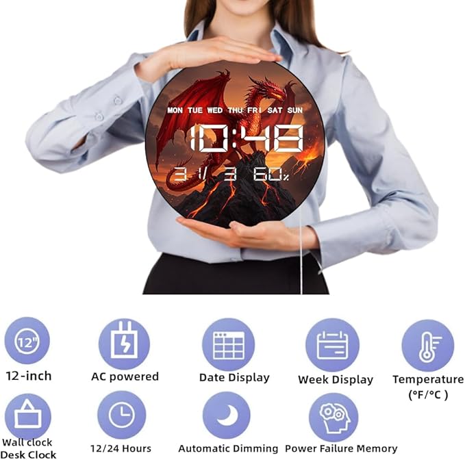 Timethink 12'' Red Fire Dragon Digital Wall Clock LED Display, Fantasy Medieval - Image 9