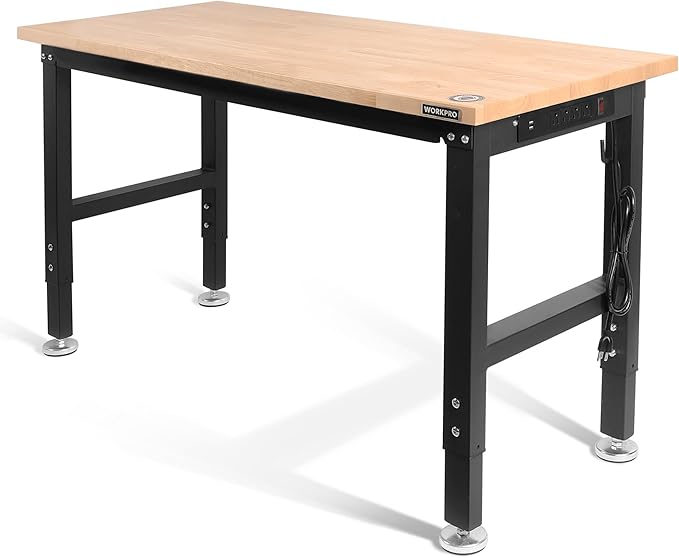 WORKPRO 48" Adjustable Workbench, Rubber Wood Top Heavy-Duty Workstation by WORKPRO