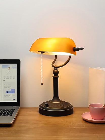 Newrays Matted Amber Glass Bankers Desk Lamp, Stepless Dimmable Table Lamp Plug - Image 2
