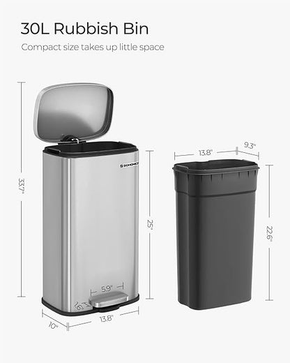 SONGMICS Trash Can with Lid, 8 Gallon Garbage Can, Stainless Steel Small Waste - Image 5