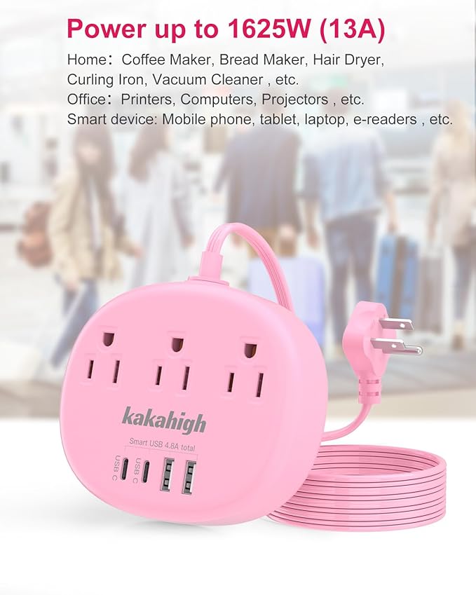 Pink Extension Cord with Surge Protected 1080J - 5 FT Kawaii Power Strip - Image 5
