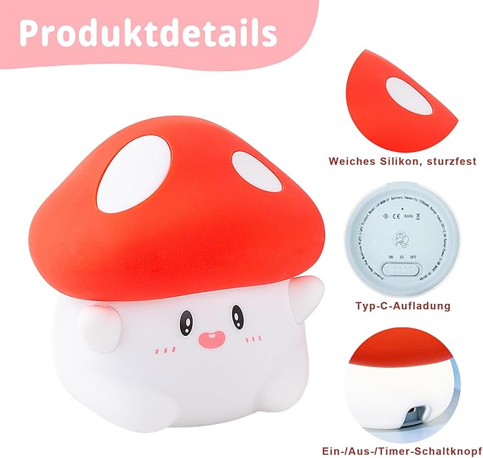 Rytinazzz Hug Mushroom Night Light, 50-Hour Battery & Pat Control, Squishy Lamp - Image 8
