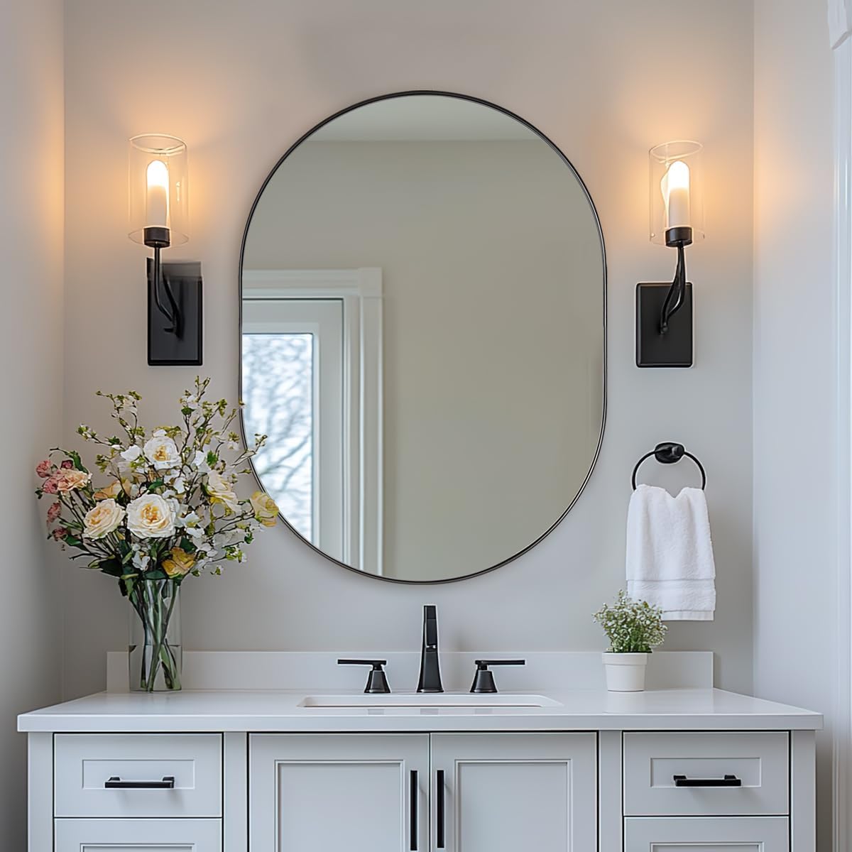 24x32'' Oval Mirror, Black Oval Mirror Pill-Shaped Design in Stainless Steel Metal Frame for Bathroom, Entryway, Living Room, Contemporary 1" Deep Wall Mount Vertical or Horizontal