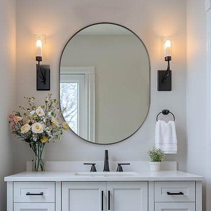 24x32'' Oval Mirror, Black Oval Mirror Pill-Shaped Design in Stainless Steel Metal Frame for Bathroom, Entryway, Living Room, Contemporary 1" Deep Wall Mount Vertical or Horizontal