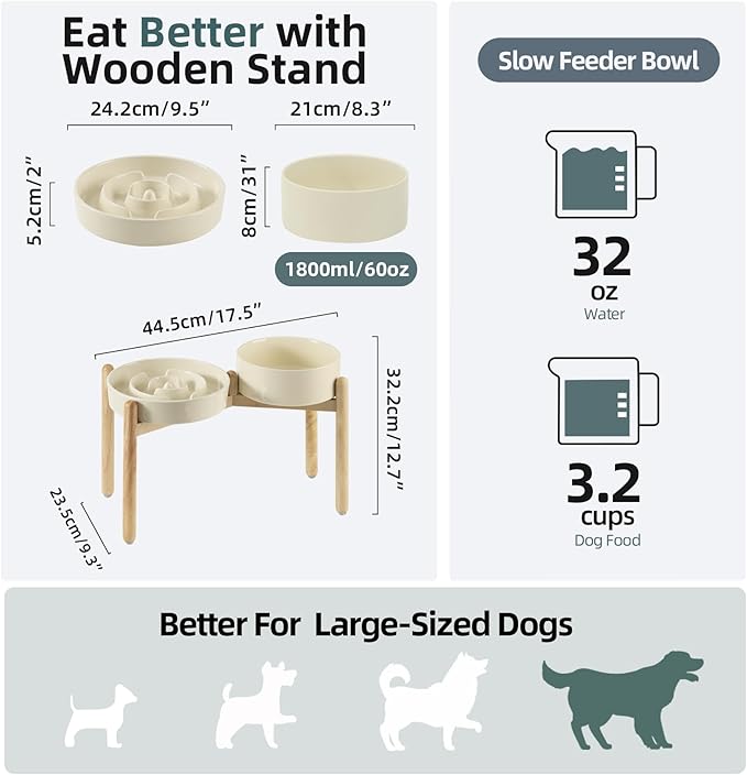 3.2 Cup Ceramic Raised Slow Feeder Dog Bowl Set, Elevated 8.2inch Bowl and - Image 2