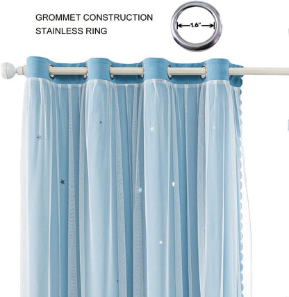 FANLI 2 Panels Star Blackout Curtains for Kid Girls Bedroom Living Room Darking Stripe Double Layer Star Cut Out Wall Home Decor Gradient Grommet Window Curtains (Blue 72L)