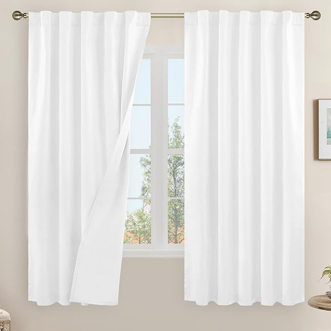 LAMIT White 100% Blackout Linen Curtains, 63 Inches Linen Textured Thermal by LAMIT