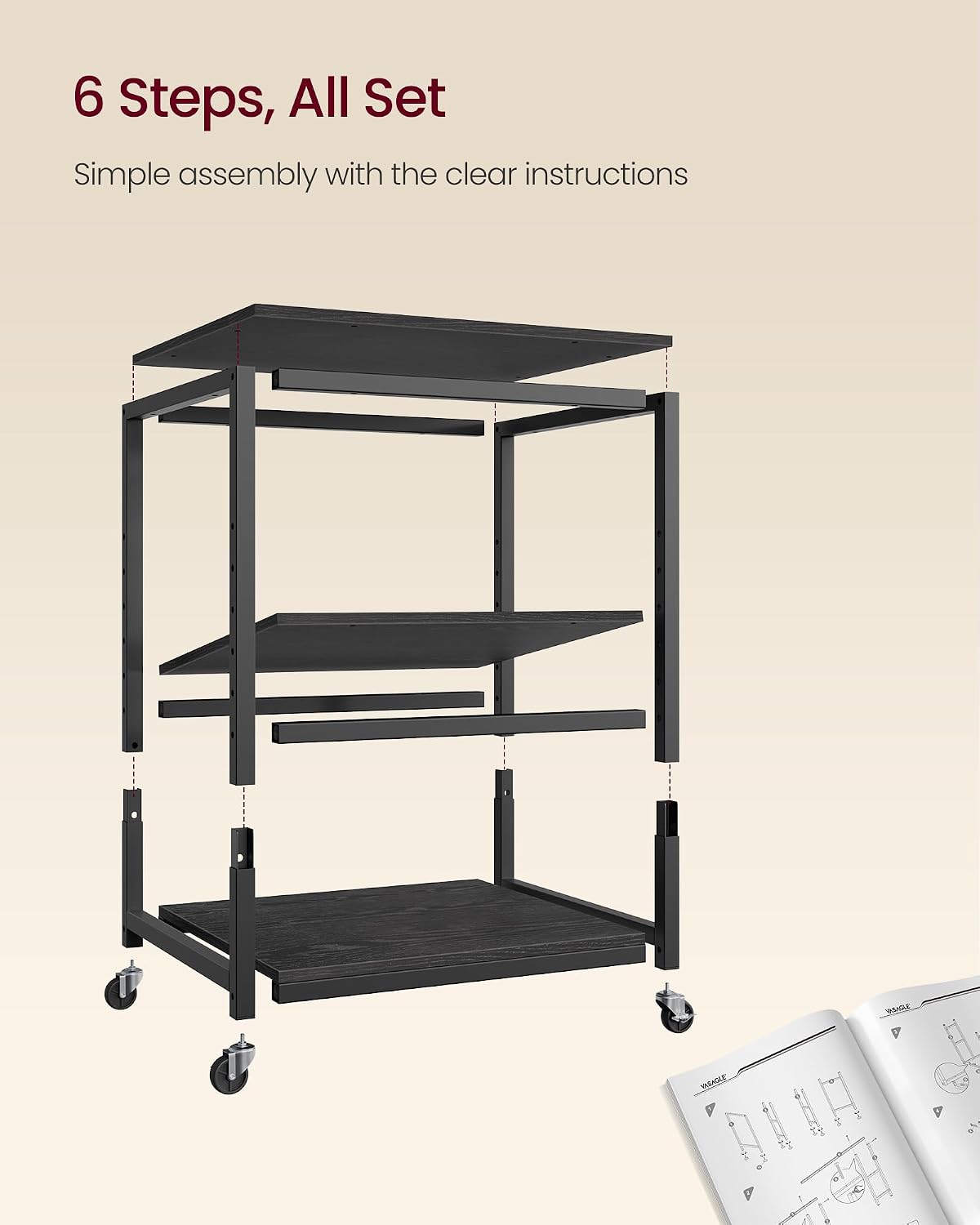 VASAGLE 3-Tier Printer Stand with Locking Wheels, Under Desk Printer Table
