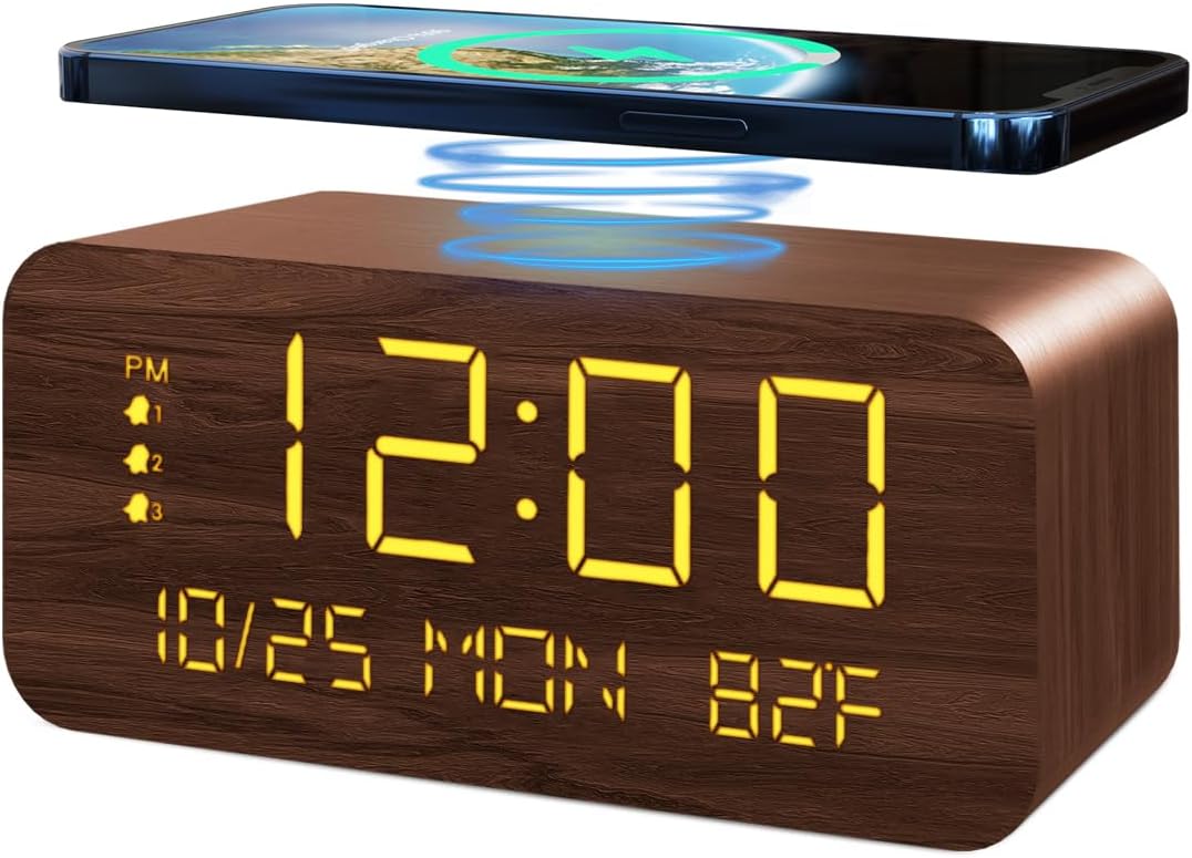 Digital Alarm Clock, with Wooden Electronic LED Time Display, 3 Alarm Settings by JALL