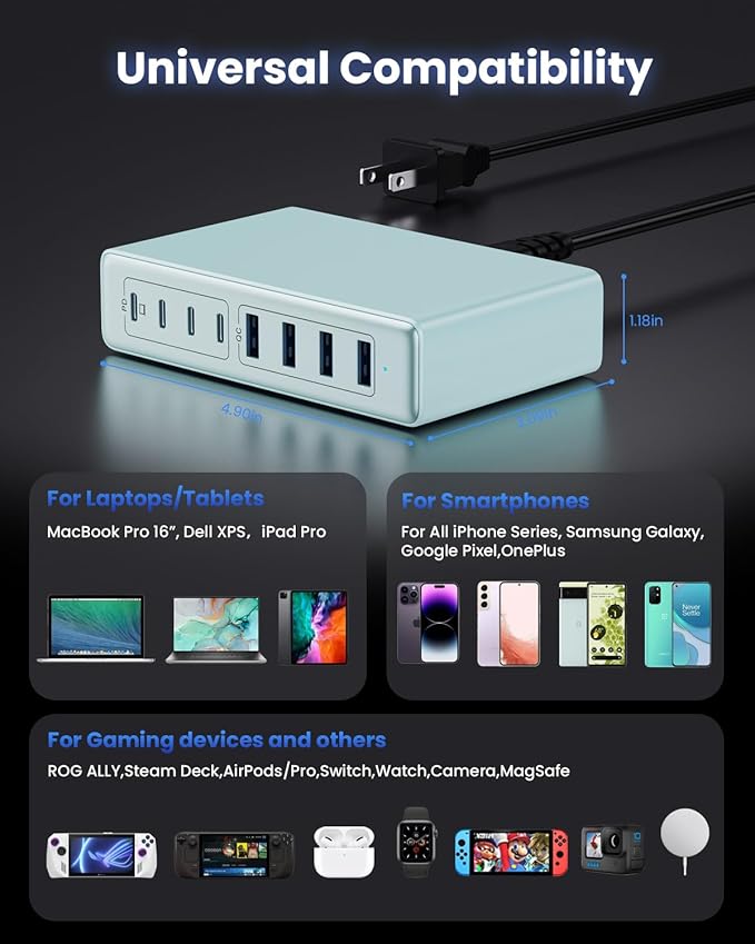 200W USB C Charger Block, GaN IV Charging Station 8 Ports, QC4.0 Fast Charging - Image 3