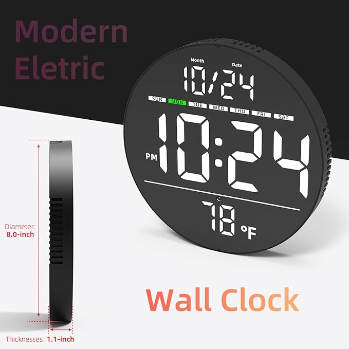 Digital Wall Clock with Large LED Display, Temperature, Auto-Brightness | Small - Image 2