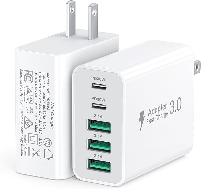 60W Fast Charger Block, 5-Port Dual 30W PD Charging Adapter+QC 3.0 Wall Plug by Dulums