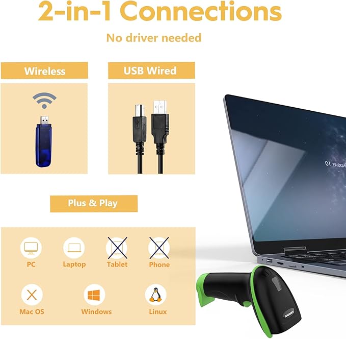 NADAMOO Wireless Barcode Scanner 328 Feet Transmission Distance USB Cordless 1D - Image 2