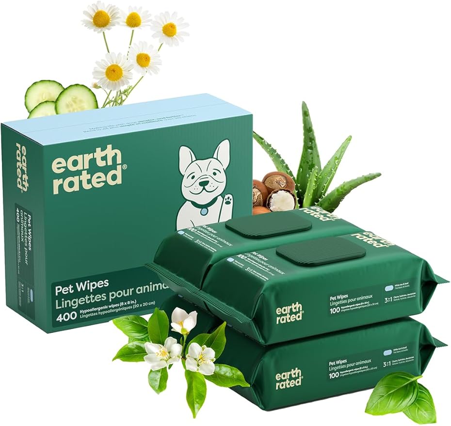 Earth Rated Pet Wipes for Dogs and Cats, Hypoallergenic, 3-in-1 Cleaning by EarthRated