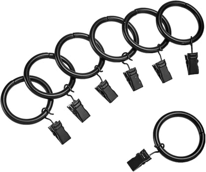 Amazon Basics Curtain Rings with Clips for Hanging Drapes, Drapery Rings for 1" Rod, Set of 7, Black