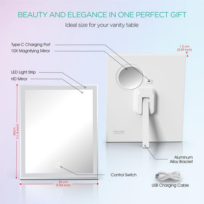 VOYOR Vanity Mirror with Lights, 11.8"x9.8"Rechargeable LED Makeup Mirror | 3 Light Modes, Dimmable, 10X Magnification, Smart Touch Control, Easy to Clean, Lighted Tabletop Mirror, CM300