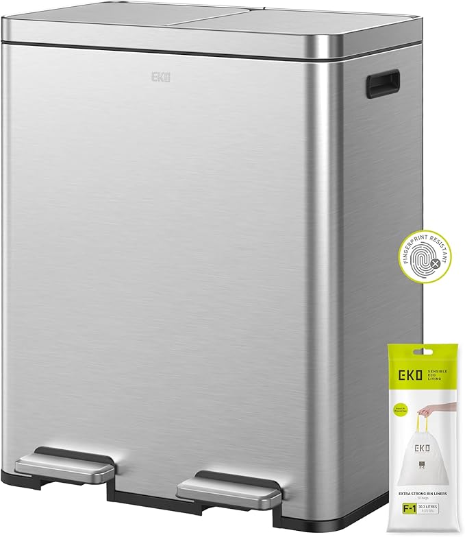 EKO Edison Dual Trash Can for Recycling and Trash, 8+8 Gallons Kitchen Garbage by EKO