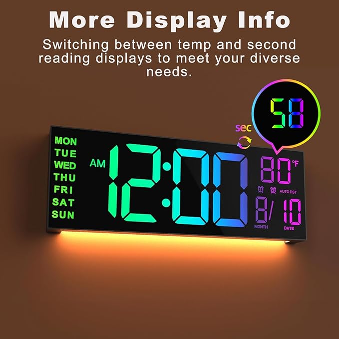 JALL 13" Large Digital Wall Mount Clock, Count Down Timer, Big LED, 8 RGB Color - Image 9