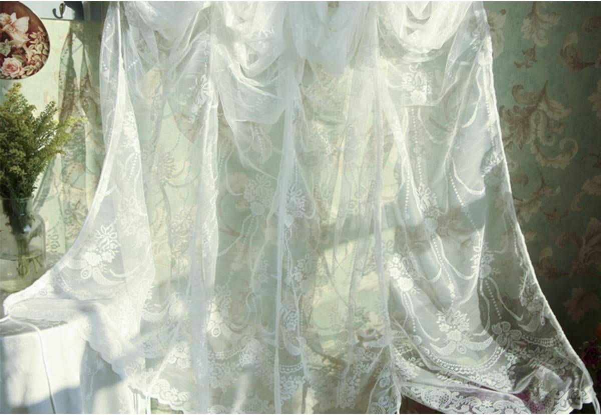 FADFAY Balloon Curtain Adjustable Tie-Up Off White Lace Semi Sheer Window Curtain Shade European Style Embroidered for Living Room Bedroom 1 Panel 78''78''