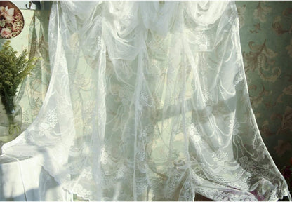FADFAY Balloon Curtain Adjustable Tie-Up Off White Lace Semi Sheer Window Curtain Shade European Style Embroidered for Living Room Bedroom 1 Panel 78''78''