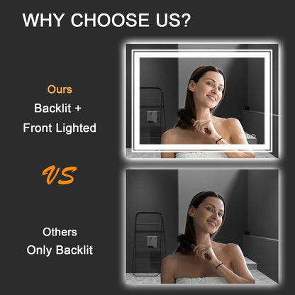 Snowdool 31x23 LED Bathroom Mirror with Front and Backlight, Dimmable Lighted Bathroom Vanity Mirror with Anti-Fog, Memory Function,Tempered Glass(Horizontal/Vertical) | Front and Backlit, Dimmable, Anti-Fog, Tempered Glass