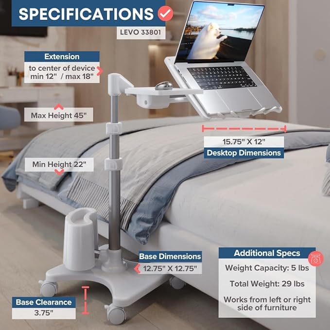 LEVO G2 Deluxe Adjustable Laptop Stand – Rolling Computer Desk & Ergonomic Table - Image 3