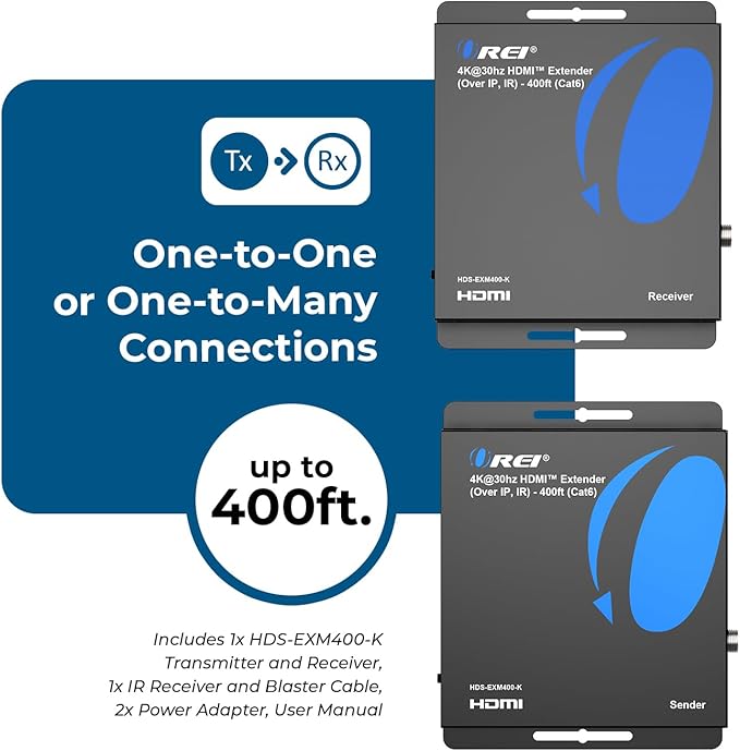 OREI 4K HDMI Extender Over IP CAT6-4K@30Hz One to Many Upto 400 Feet, Loop Out - Image 9