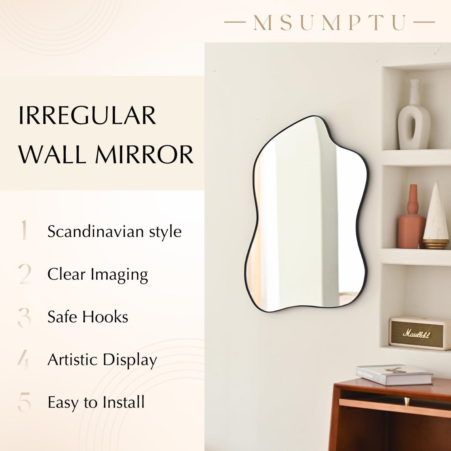 Irregular Wall Mirror Black Wave Shaped Metal Framed Wall Mirror for Bathroom Bedroom Entryway Living Room Wall Decor 24" L x 18" W 2305B