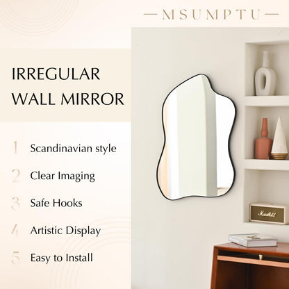 Irregular Wall Mirror Black Wave Shaped Metal Framed Wall Mirror for Bathroom Bedroom Entryway Living Room Wall Decor 24" L x 18" W 2305B
