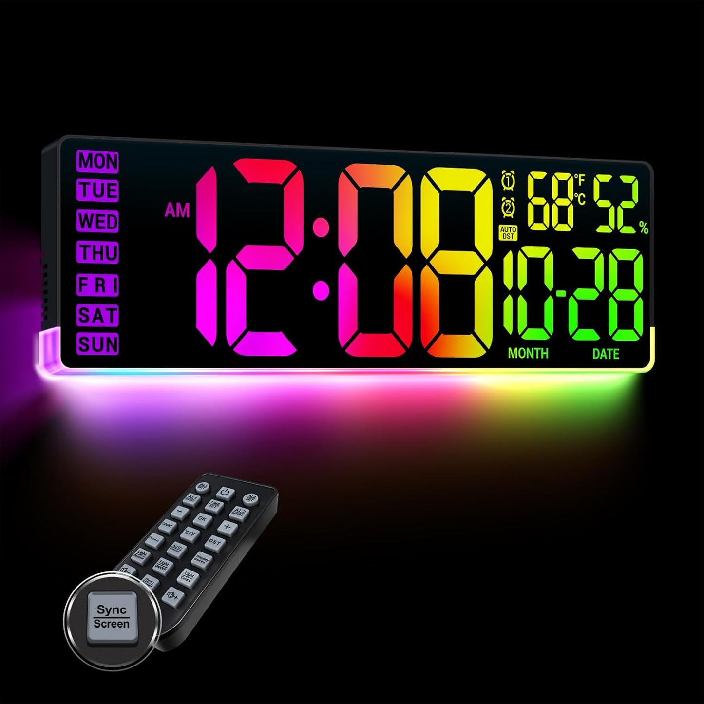 16.5" Large Digital Wall Clock for Classroom, Sync Screen RGB Backlight | 11 Screen Colors, 13 U-Shaped RGB Modes, Temp Humidity, Auto DST, Dual Alarm, Timer, Digital Clock for Gym Gaming Room