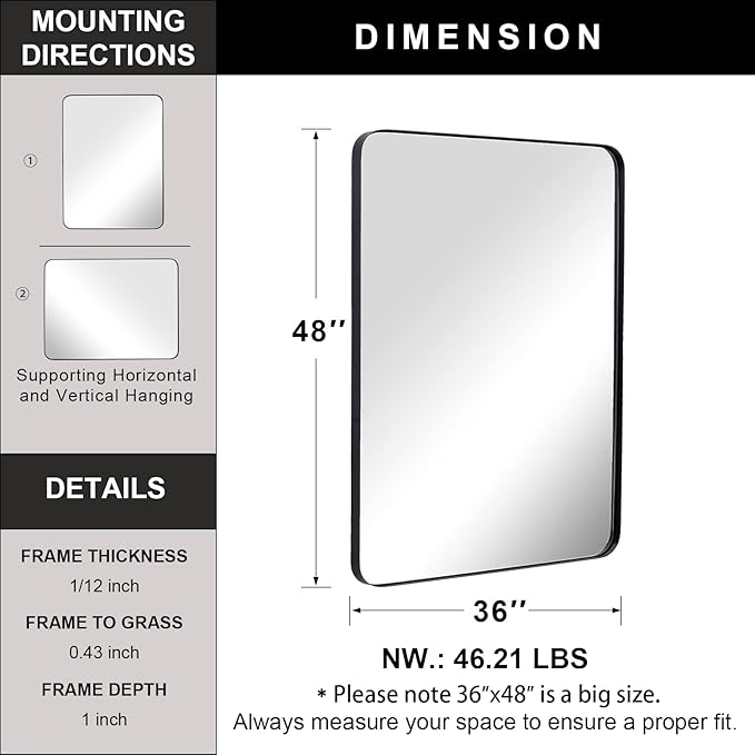 ANDY STAR 36”x48” Black Bathroom Mirror, Wall Mirror - Image 4
