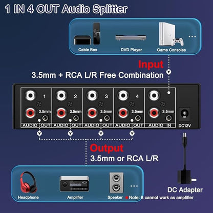 FlyroadUp 3.5mm Aux + RCA L/R Audio Splitter 1 in 4 Out Stereo Analog Audio - Image 2