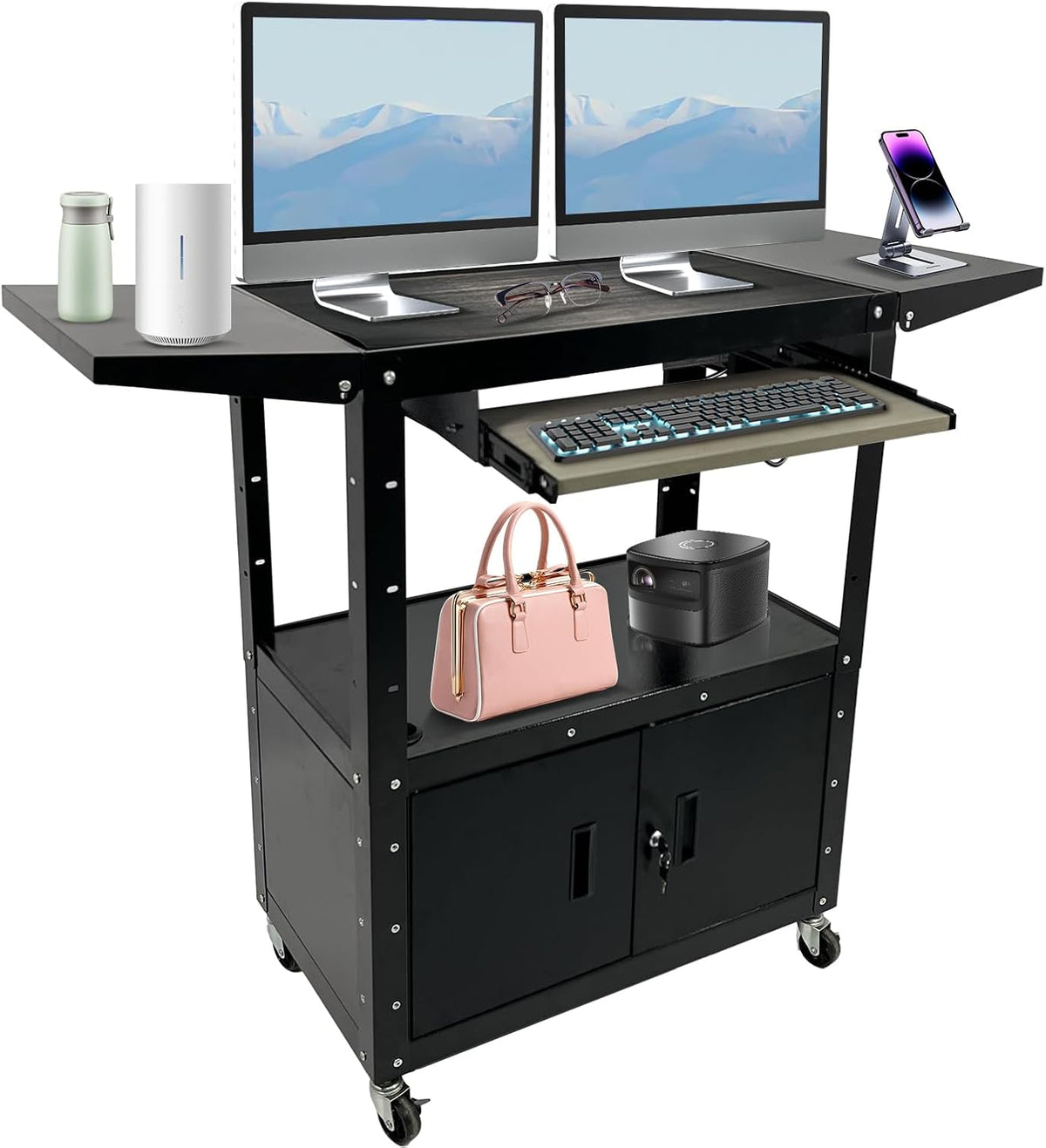 Large Steel AV Cart with Locking Cabinet and Pullout Keyboard Tray, Adjustabl...